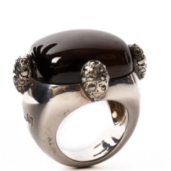 Pomellato 67 smoky quartz/marcasite sterling silver Griffes ring size 6, Italy